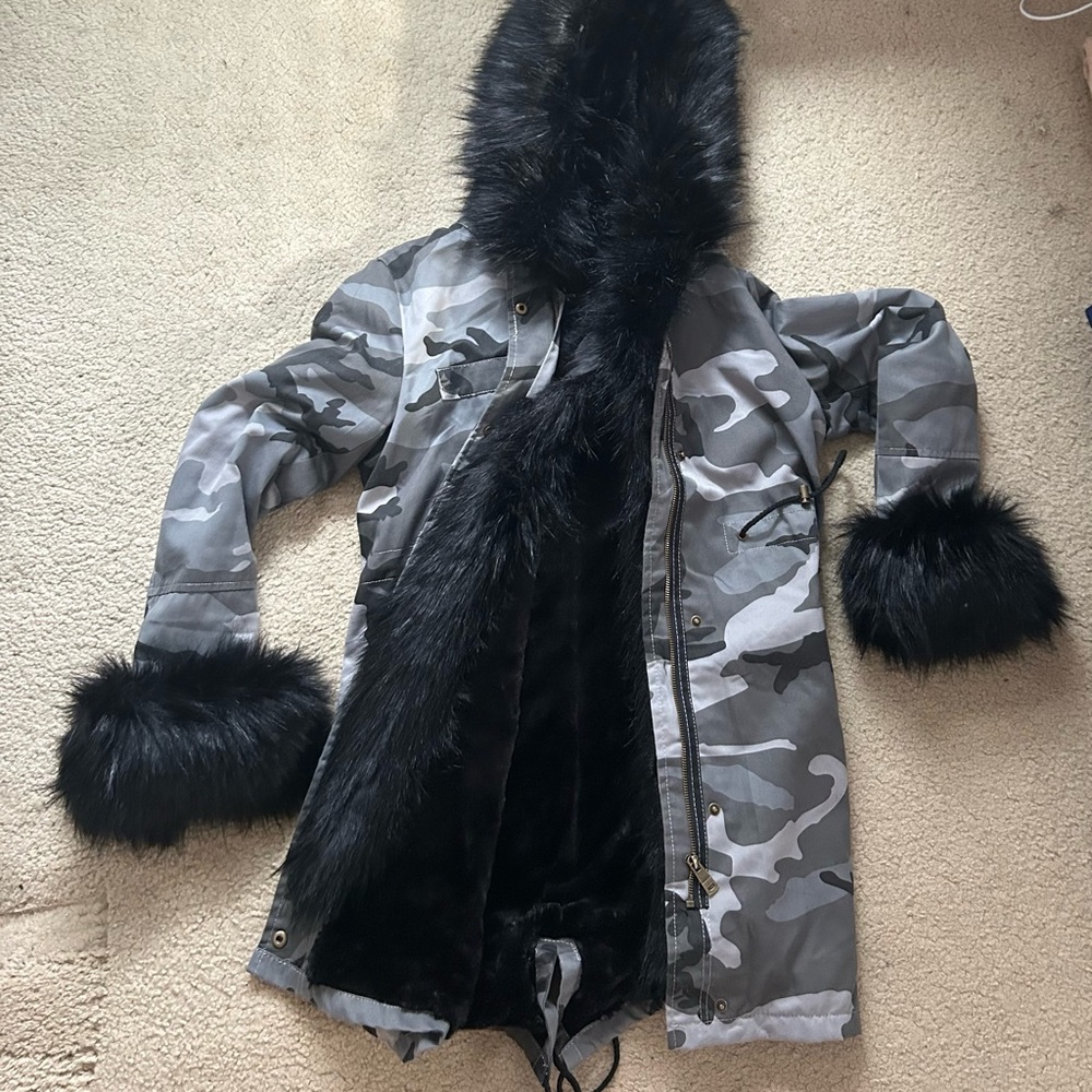 Black and gray army jacket with detachable fur